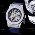 Replica Hublot Big Bang 45mm Skeleton Watch With Diamonds Blue Rubber Band For Men